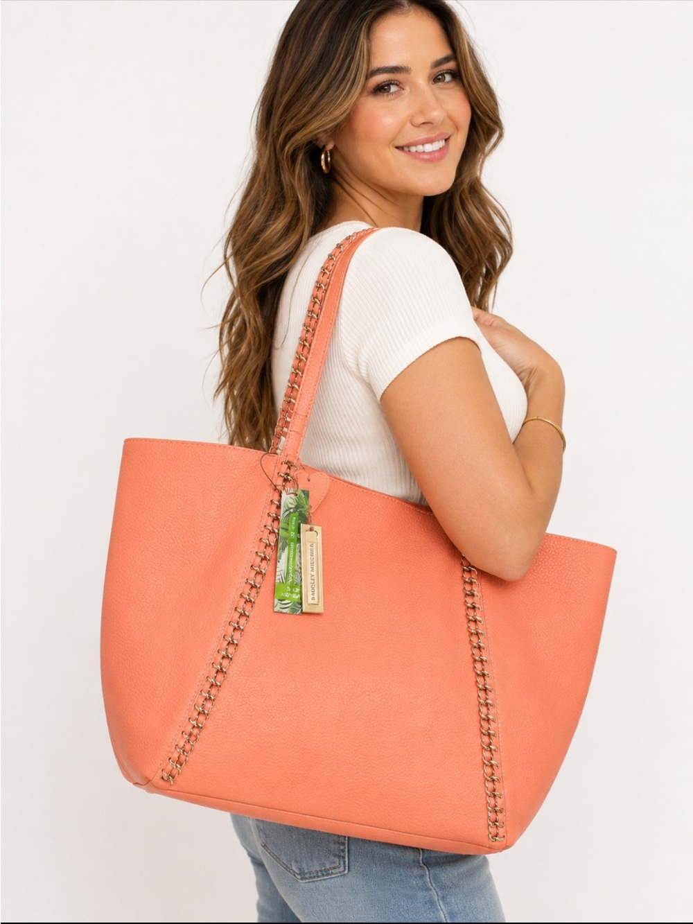 NWT Badgley Mischka Coral Vegan Leather Chain Tote Bag Large